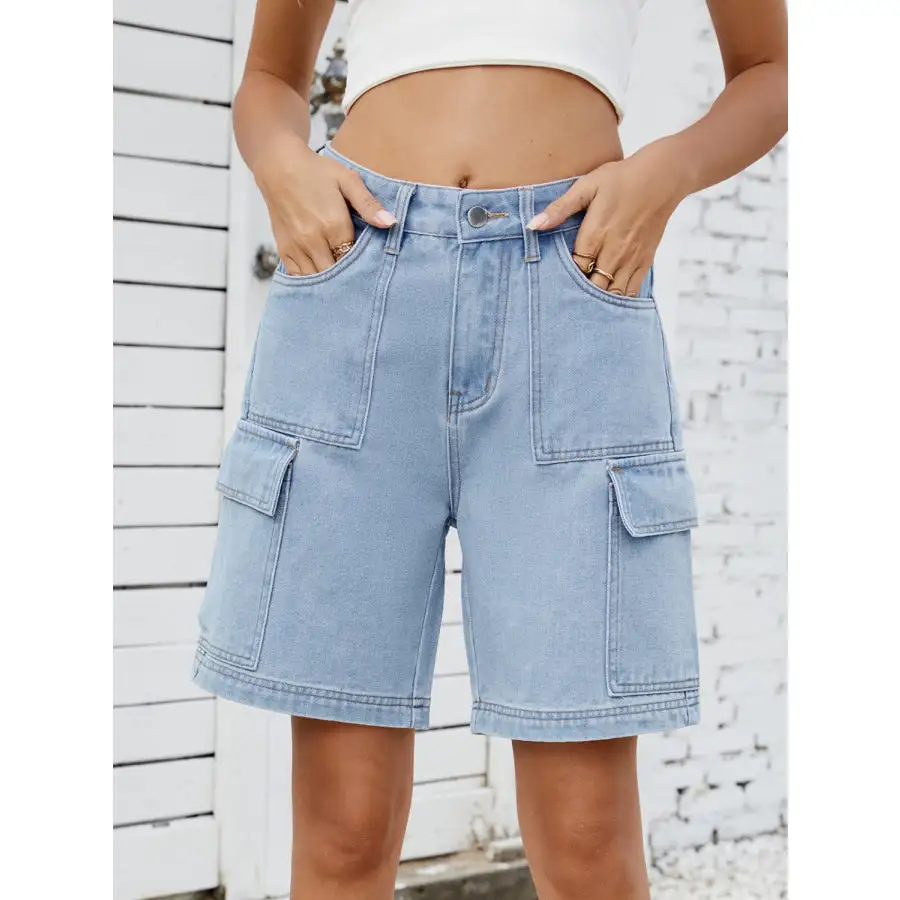 High Waist Denim Shorts with Cargo Pockets