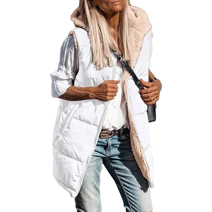 Women's military green double-faced fleece vest with pockets and a hood, long zip-up coat
