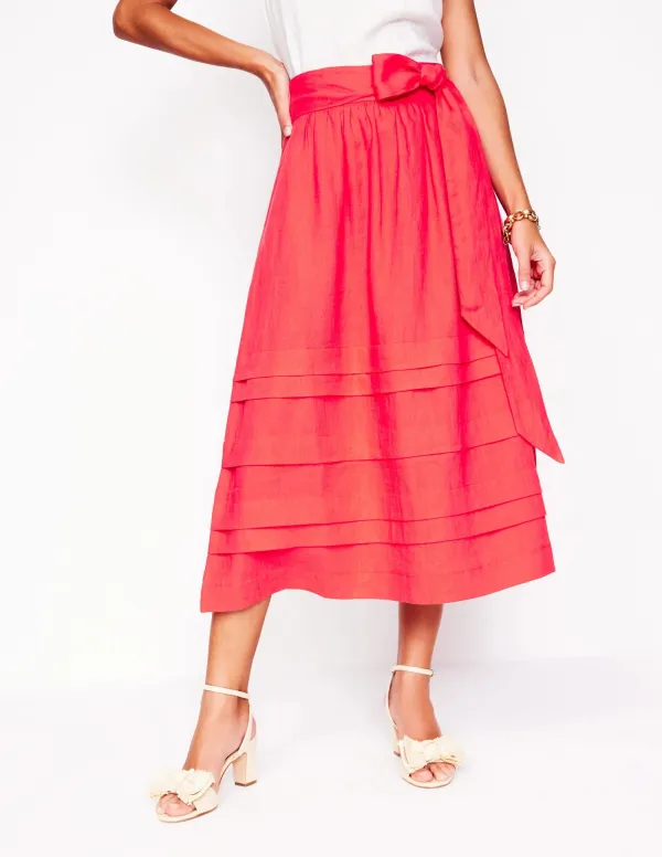 Pintuck Casual Linen Midi Skirt