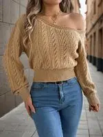 Women's Plain Textured Hollow Out Asymmetrical Neckline Longsleeves Sweater Knitwear, Elegant Casual Raglan Sleeve Long Sleeve Jumper for Fall & Winter, Fashion Ladies' Knitwear for Daily Wear, Women's Clothing, Go Out Tops, Trending Clothing Women