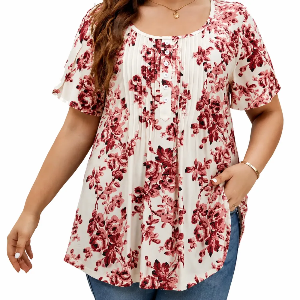 Women's Plus Size Summer Waist-Cinching Top with Round Neck and Printed Casual Short Sleeves