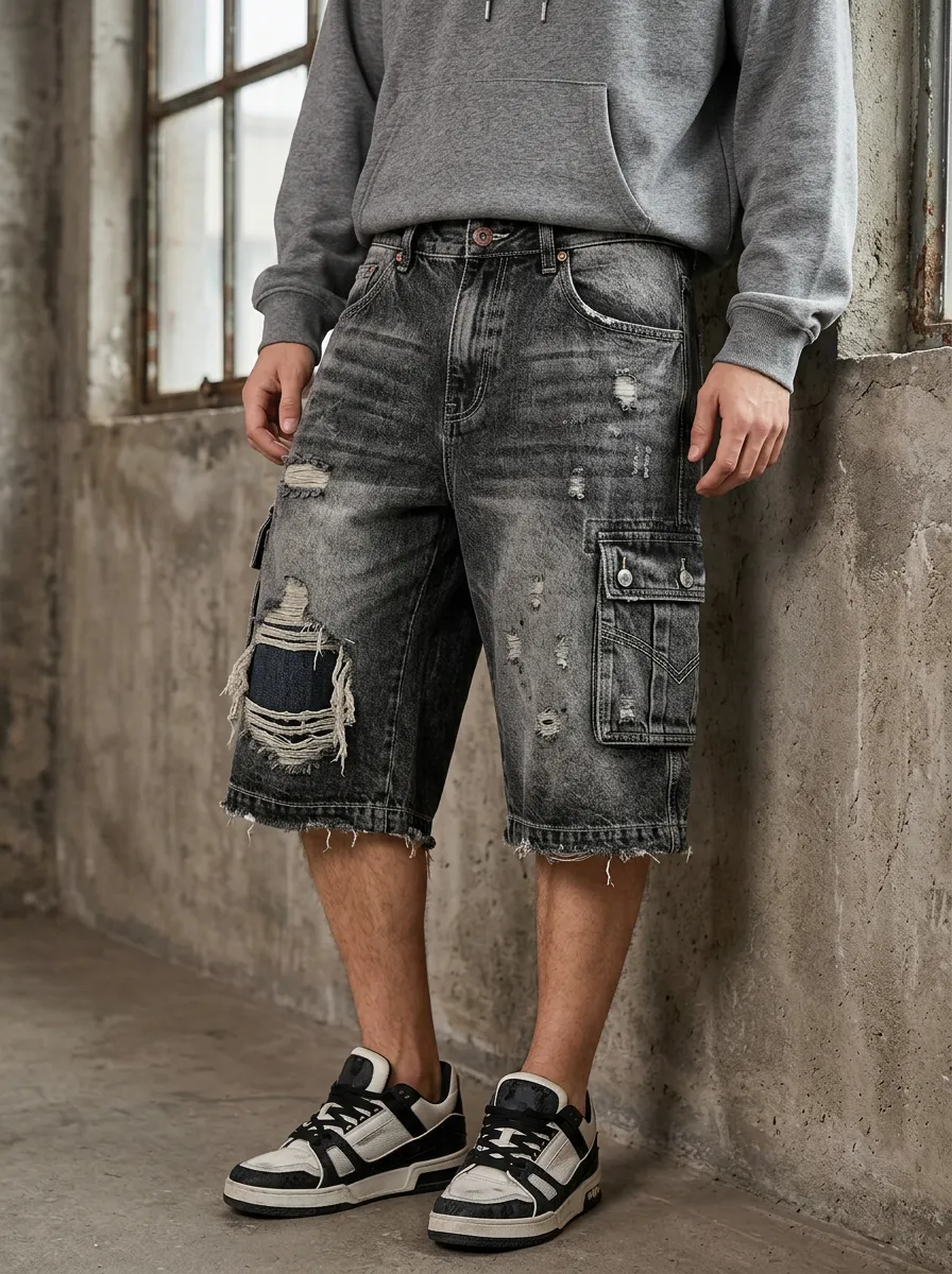 Men's Cargo Denim Shorts with Cargo Pocket Detail