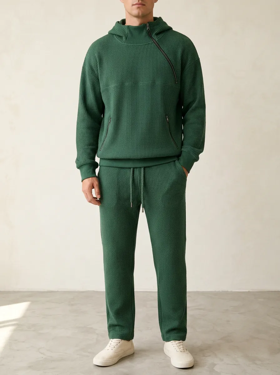 Men's Green Waffle Knit Asymmetric Zip Hoodie Top