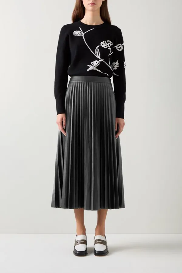 Black Pleated Faux Leather Midi Skirt