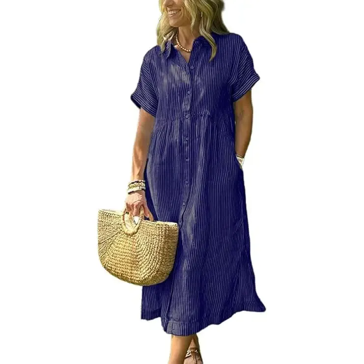 Women‘s Boho Striped Shirt Dress Button Down Loose Midi Dress with Pockets and Side Slit