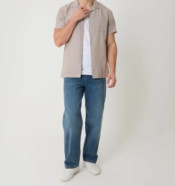 Men's Taupe Linen Cotton Blend Short Sleeve Shirt