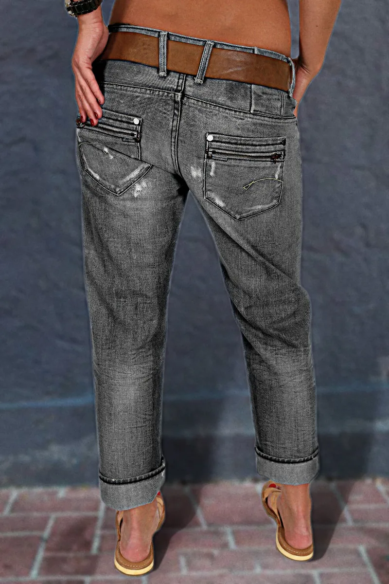 Ripped Zip Detail Slant Pocket Jeans Without Belt