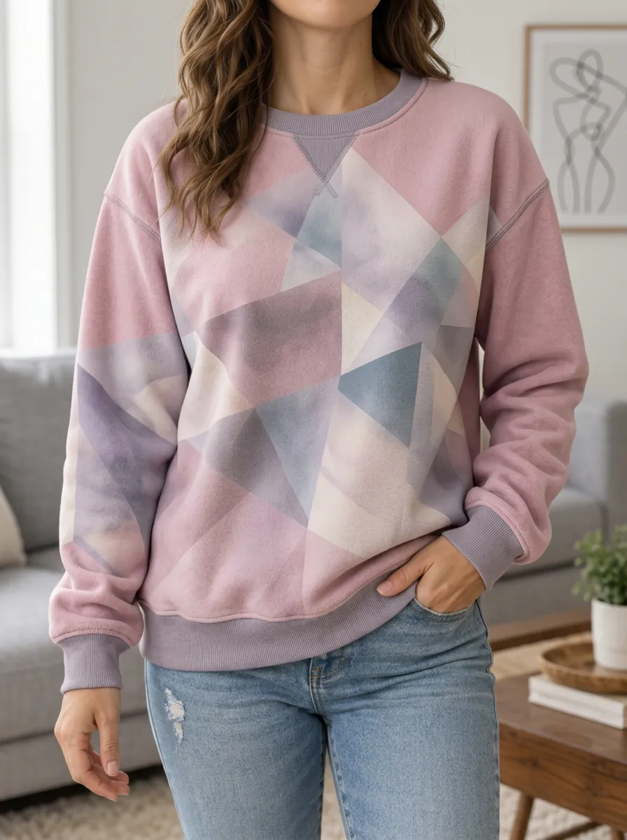Women's Multicolor Geometric Print Crewneck Sweatshirt Crew neckline with a ribbed collar