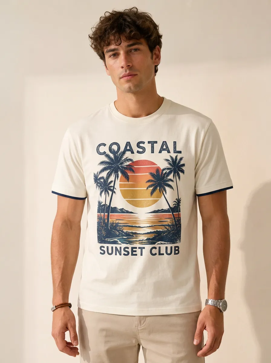 Men's Coastal Sunset Club Palm Tree Graphic Printed T-Shirt