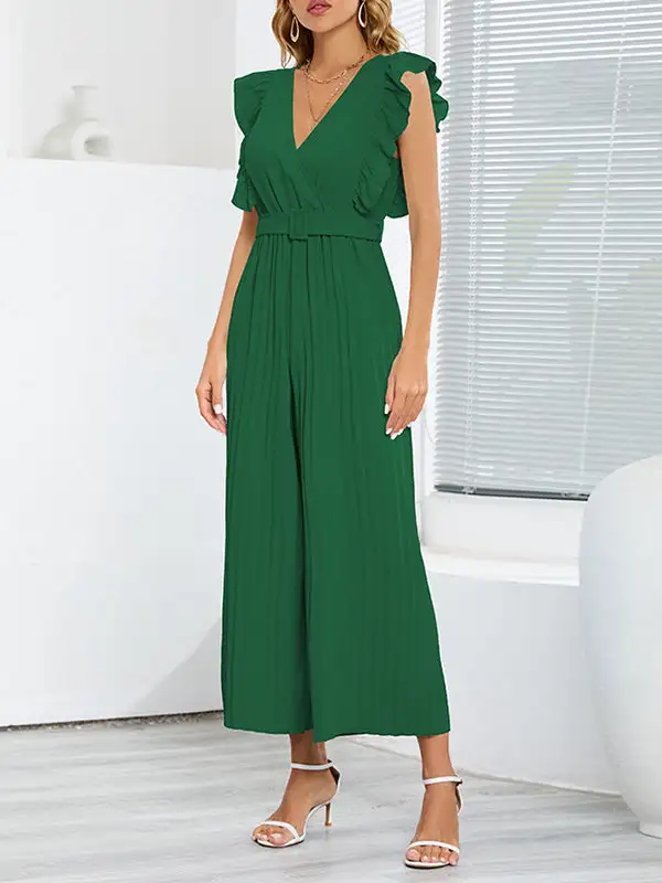 Hoog Getailleerde Losse Geplooide Jumpsuits Met V Hals