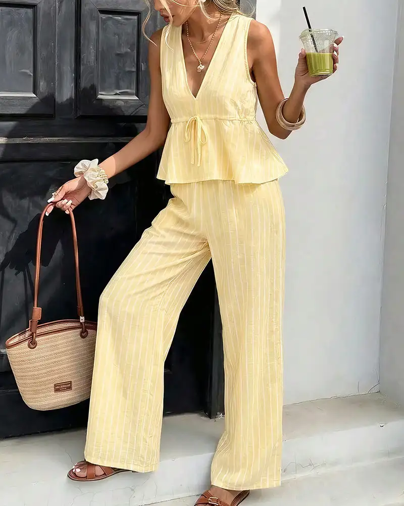 Striped V-Neck Peplum and Wide Leg Pants Two-Piece Set