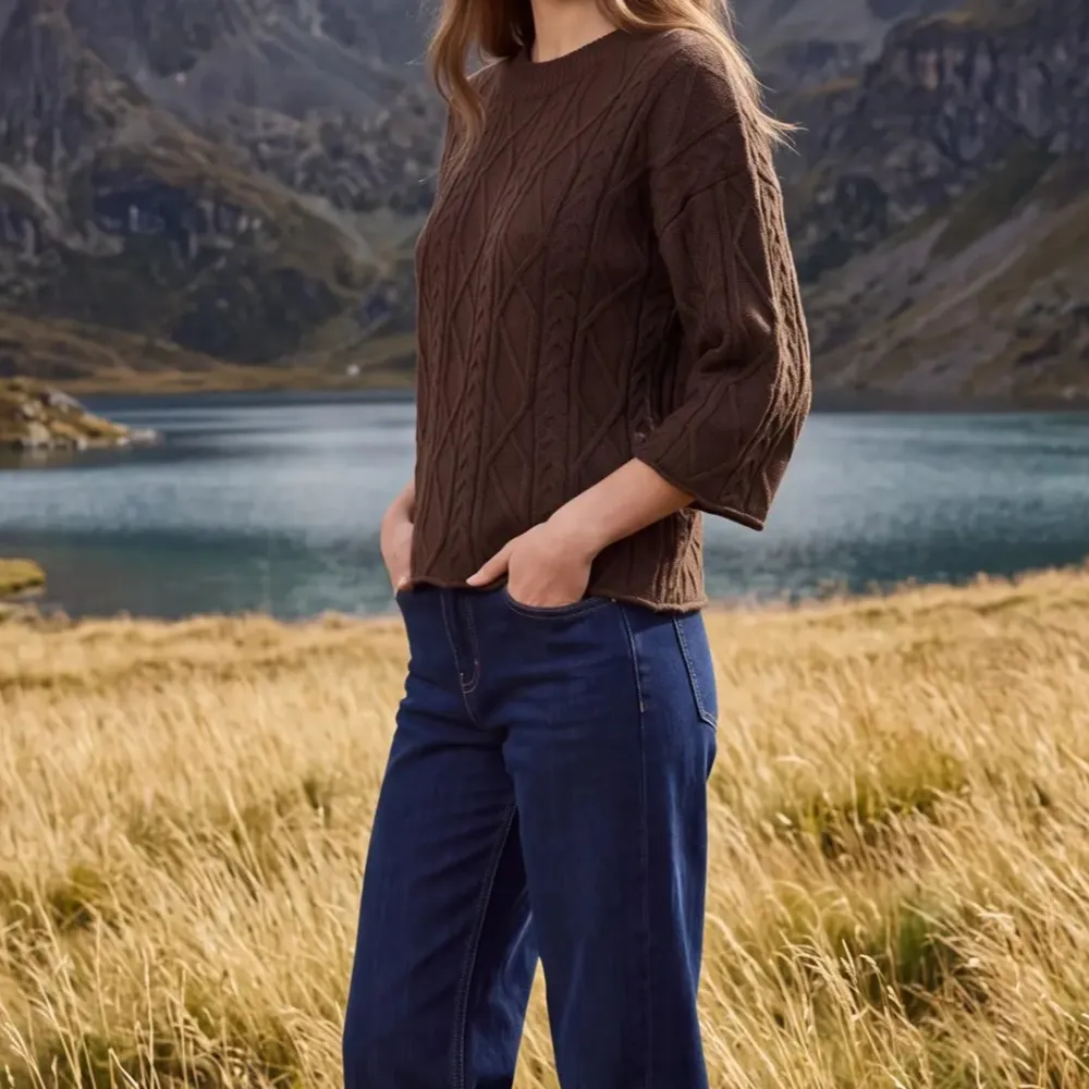 Relaxed 3/4 Sleeve Cable Sweater