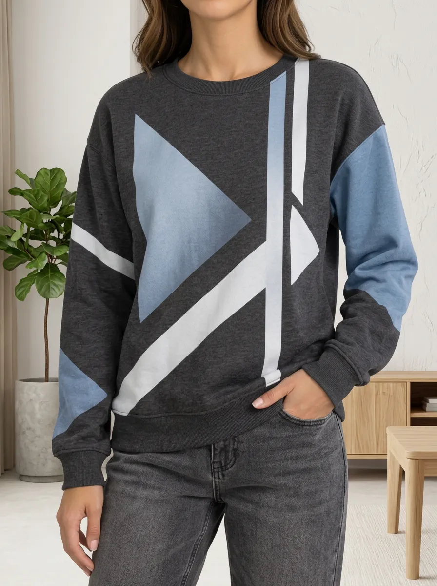 Women's Geometric Print Crewneck Sweatshirt Crew Neck Drop Shoulder