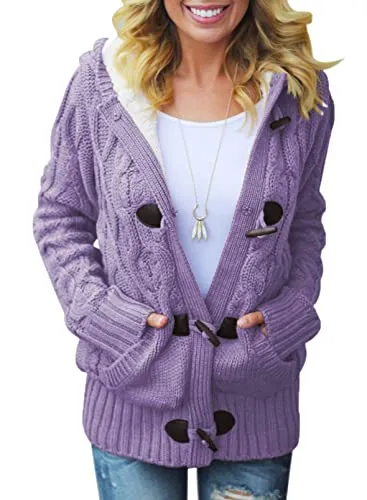 Womens 2025 Winter Hooded Cardigans Button Up Cable Knit Sweater Coat Outerwear with Pockets