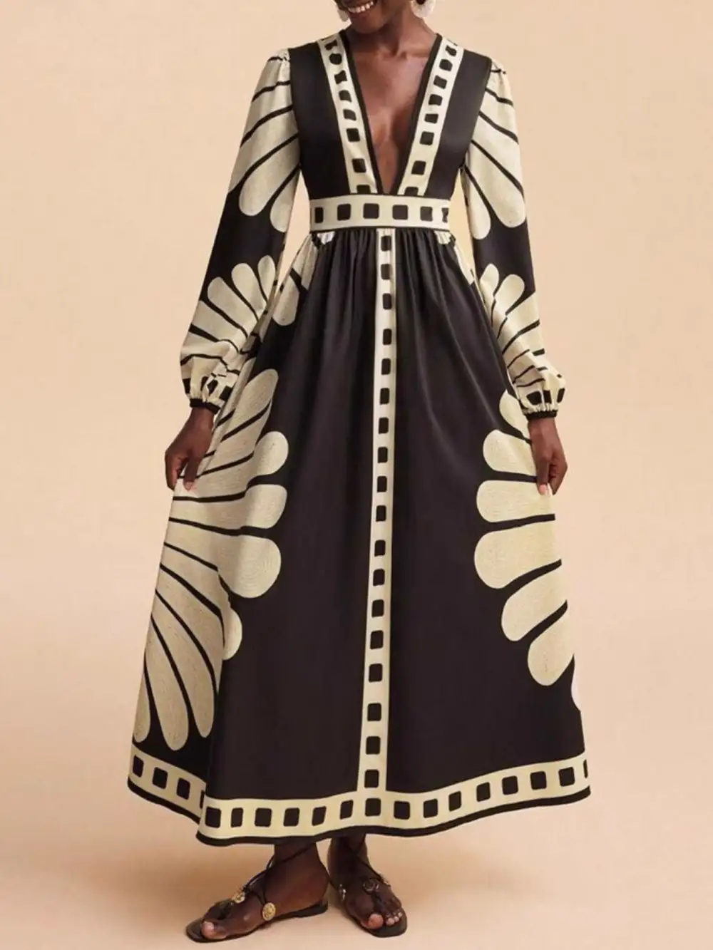 Printed Deep V Neck Long Sleeve Dress