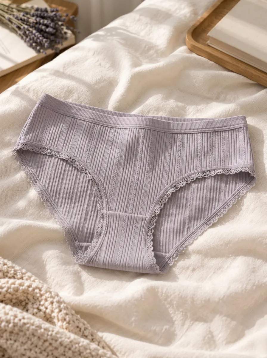 Women's Lavender Ribbed Lace Trim Printed Panties