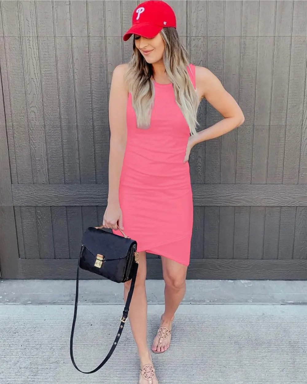 Women'S Plain Ruched Wrap Tank Sundress, Casual Sleeveless Round Neck Bodycon Short Dress For Summer, Ladies Clothes For Daily Wear, Womenswear, Elastic Fabric