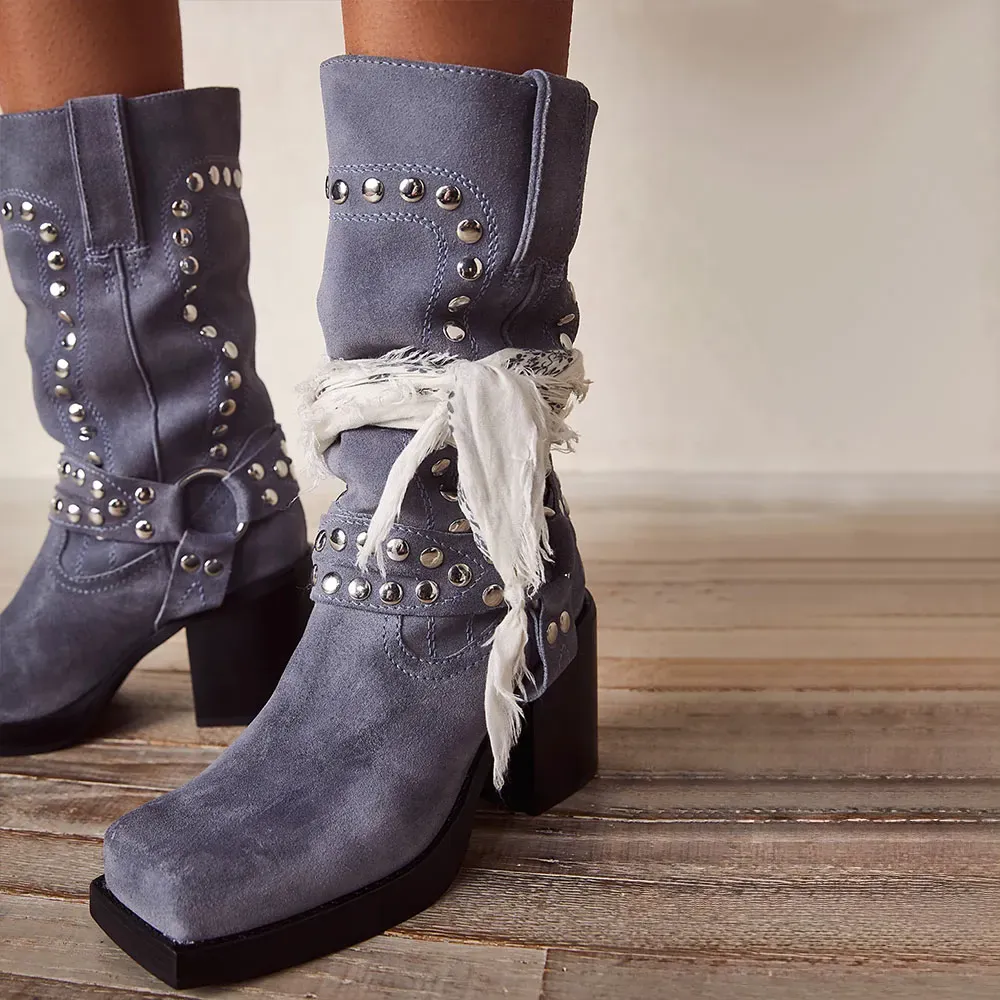 Faux-Suede Studded Buckle-Detail Square-Toe Mid-Calf Boots