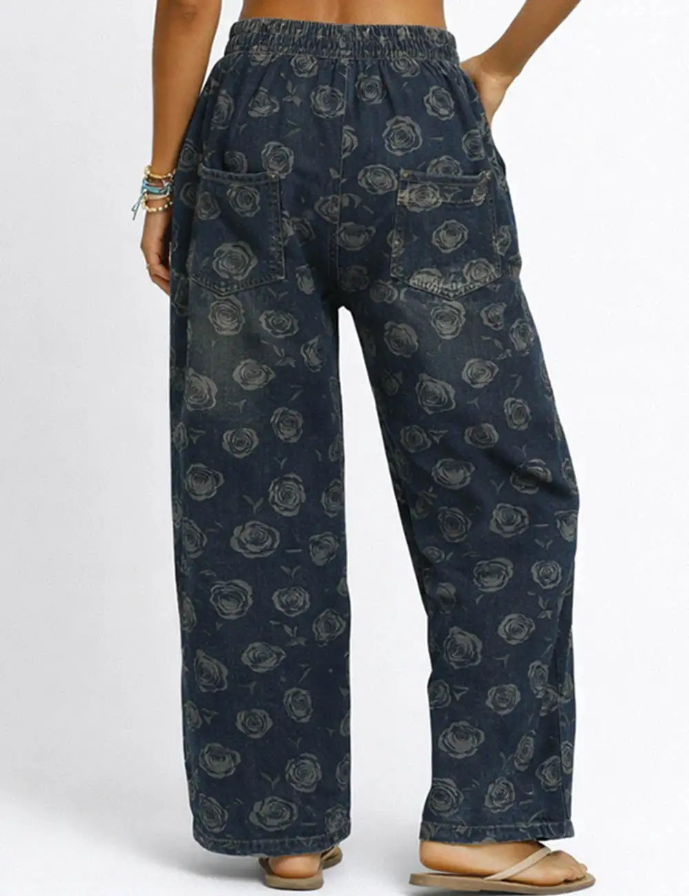 Floral Print Elastic Waist Barrel Leg Denim Pants