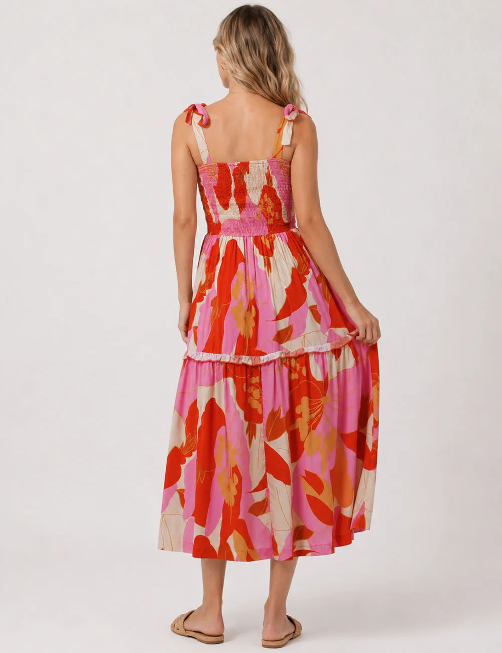 Abstract Smocked Strap Square Neck Midi Dress