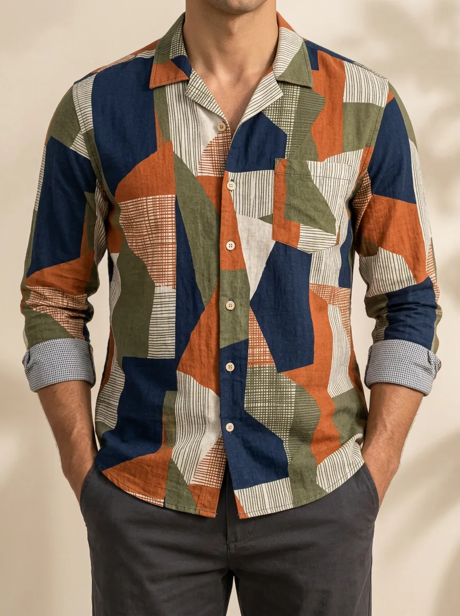 Men's Casual Long Sleeve Shirt with Geometric and Abstract Print