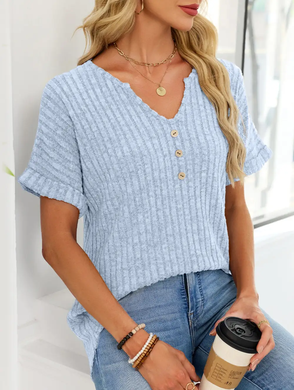 V Neck Button Front Loose Ribbed Tee