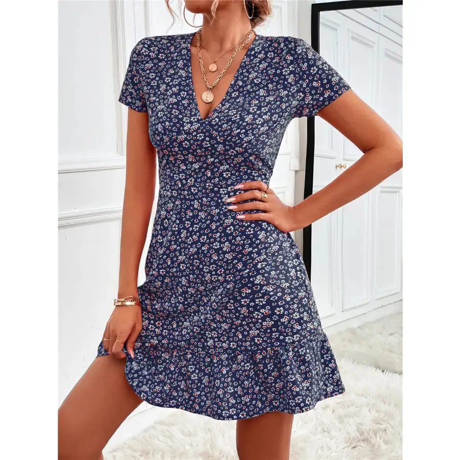 Ruffled Hem V-Neck Short Sleeve Mini Dress