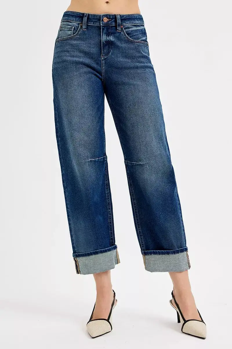 Textured Barrel Leg Cuffed Denim Jeans