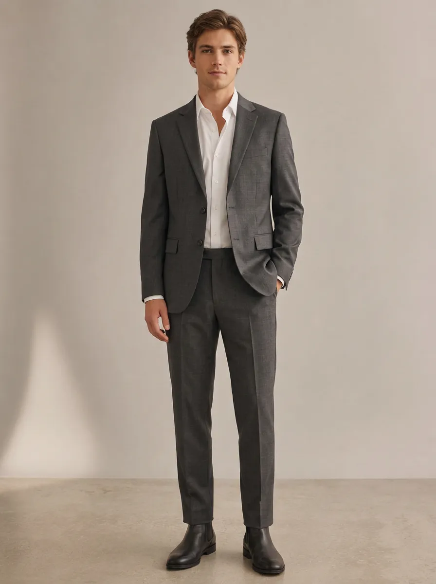 Men's Blazer Trouser Business Formal Charcoal Grey Solid Two-Piece Suit
