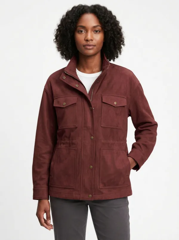 Women's Casual Utility Olive Green Suede Field Jacket