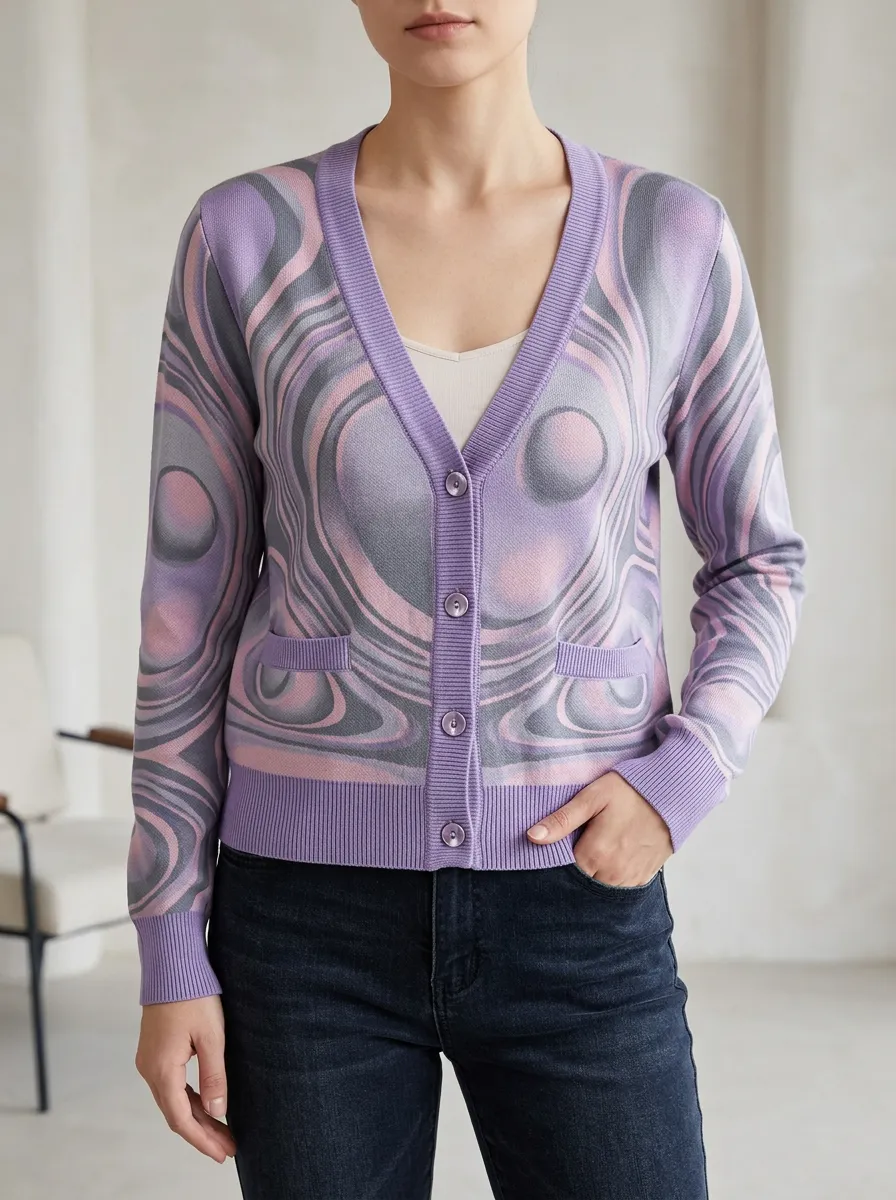 Women's Abstract Swirl Pattern Printed Textured Knit Transitional Layering Cardigan