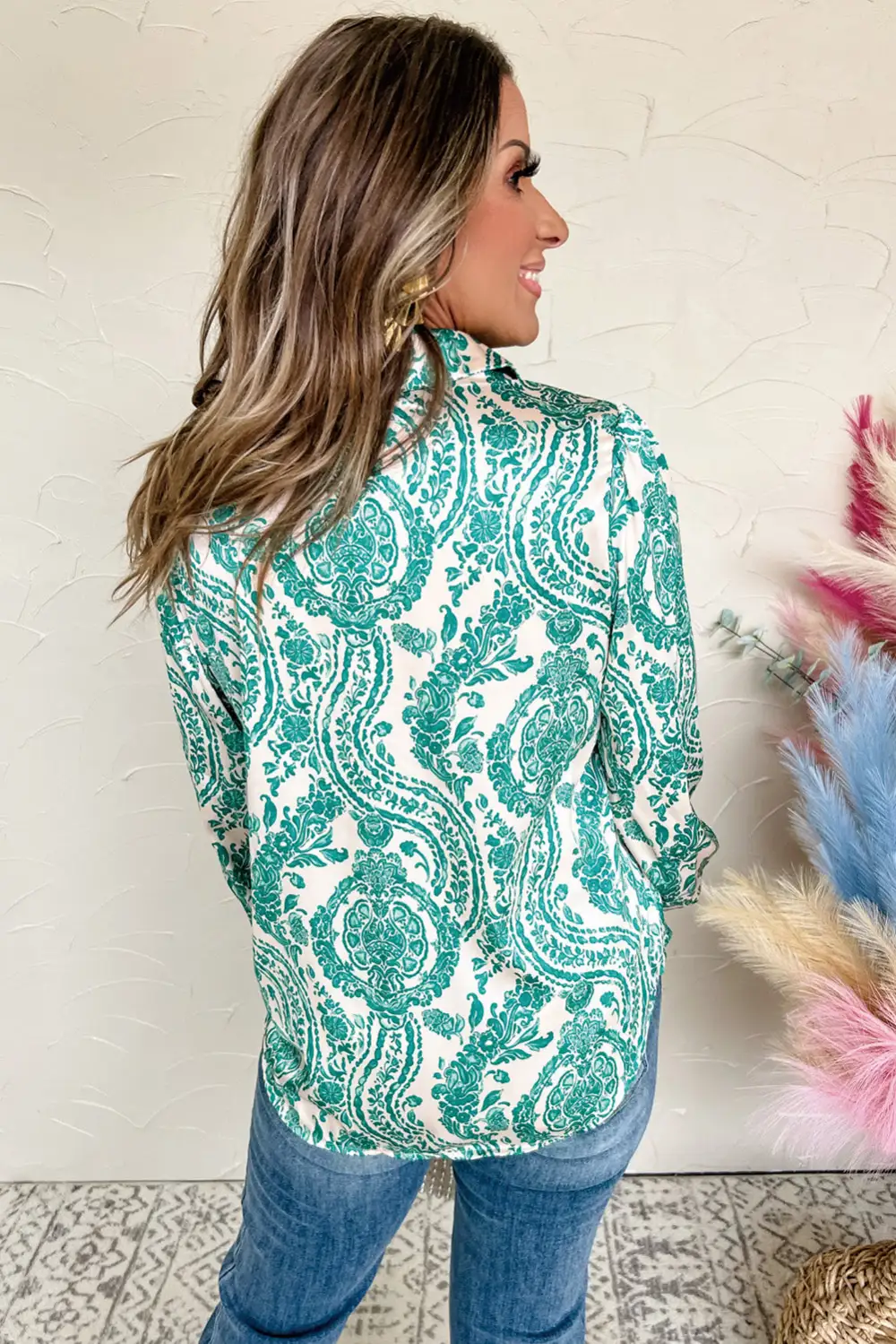 Paisley Print Smocked Cuff Buttoned Loose Shirt