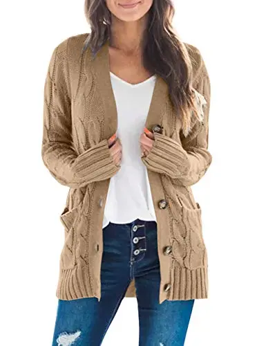 Women's Long Sleeve Cable Knit Sweater Open Front Cardigan Button Loose Outerwear