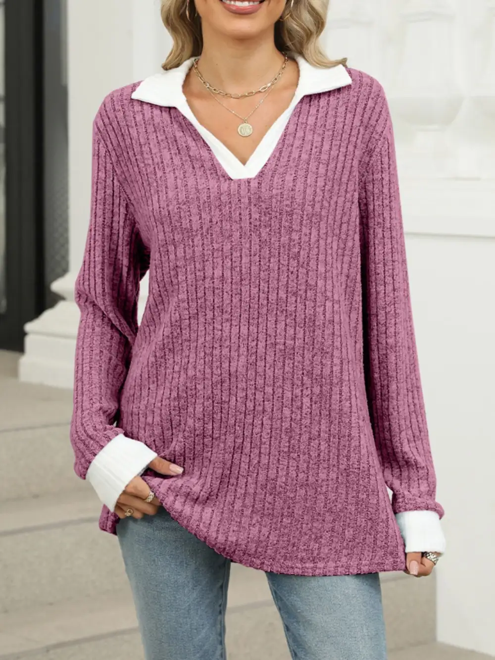 Modern Ribbed Knit Long Sleeve T-Shirt