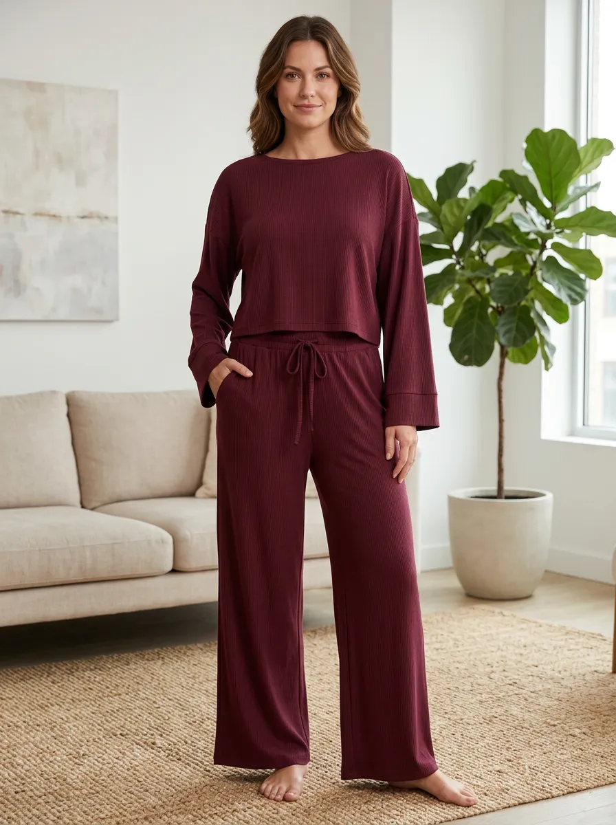 Women's Softly Styled Ribbed Knit Wide Leg Loungewear Set