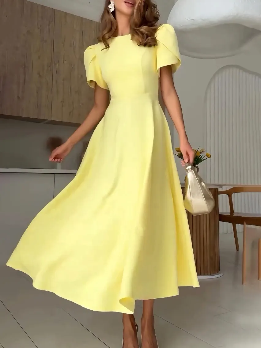 Elegant High Neck Bud Sleeve Midi Dress