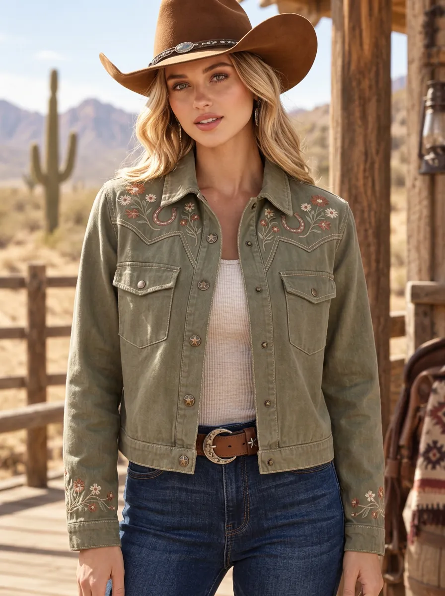 Women's Western Cowboy Horseshoe Horse Floral Embroidery Floral Jacket