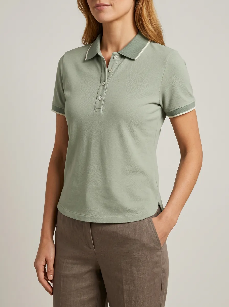 Women's Sage Green Contrast Trim Casual Polo Shirt