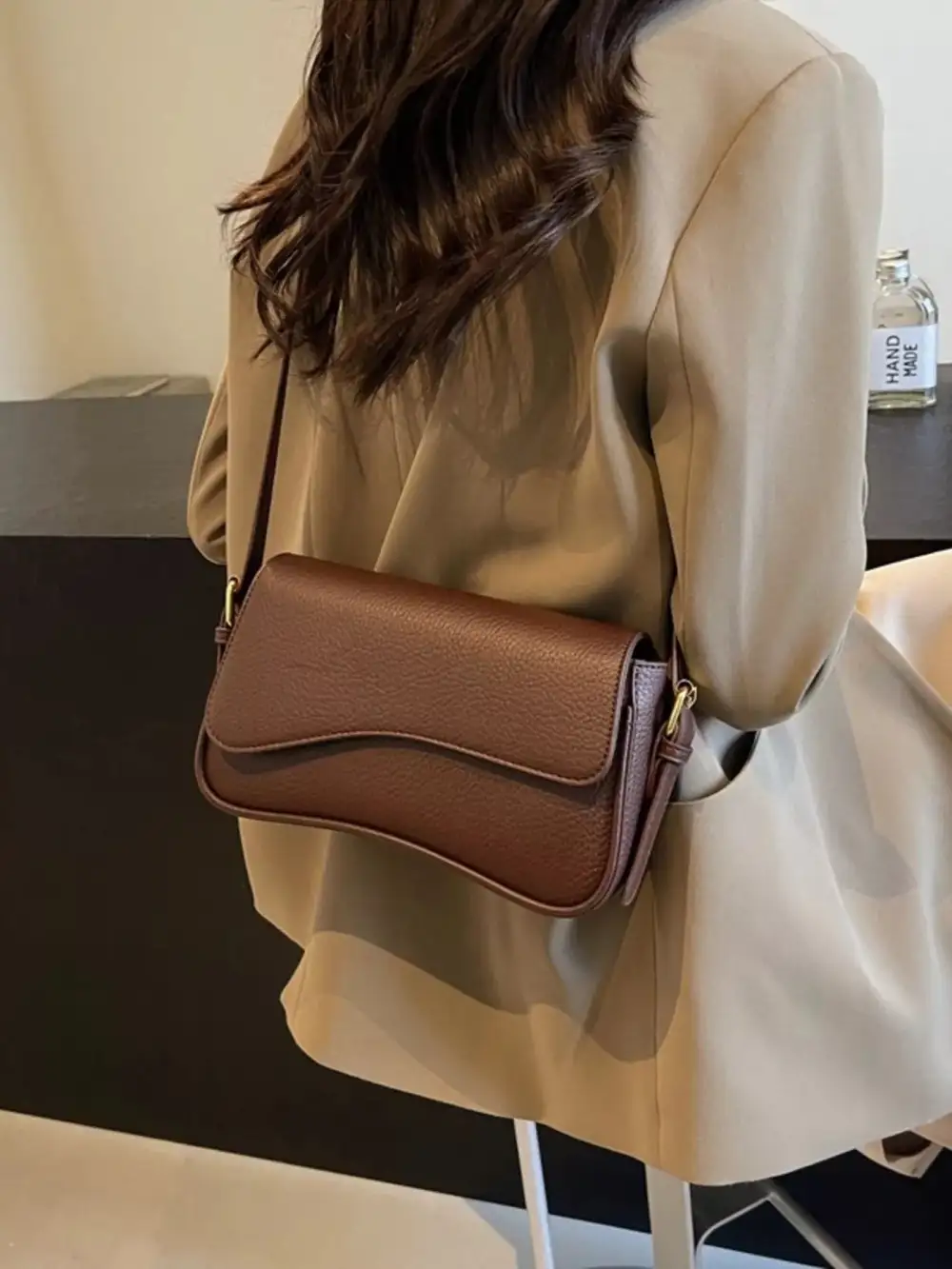 Solid Color Leather Crossbody Bag