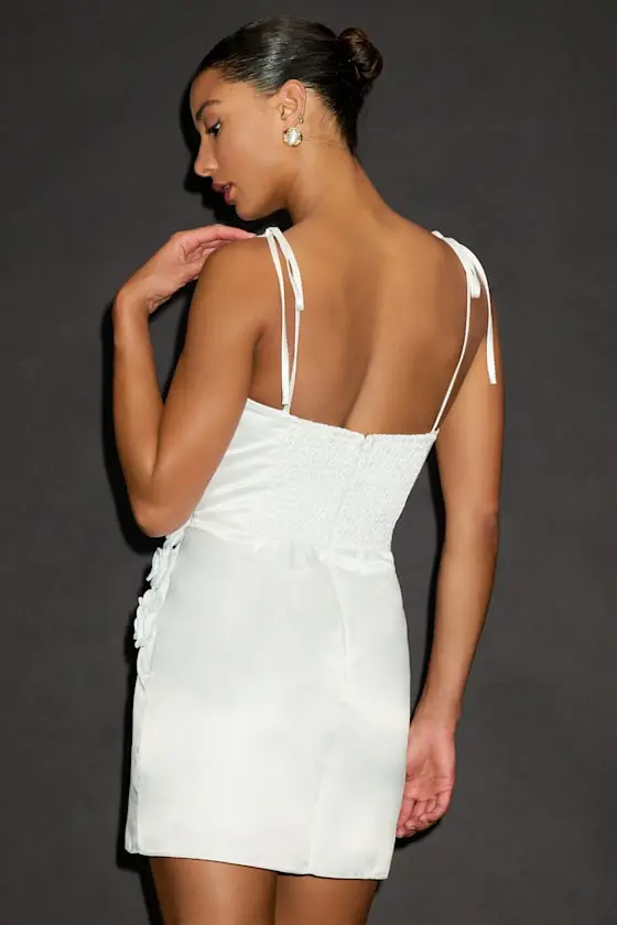Nafissa White Satin Floral Applique Tie-Strap Mini Dress