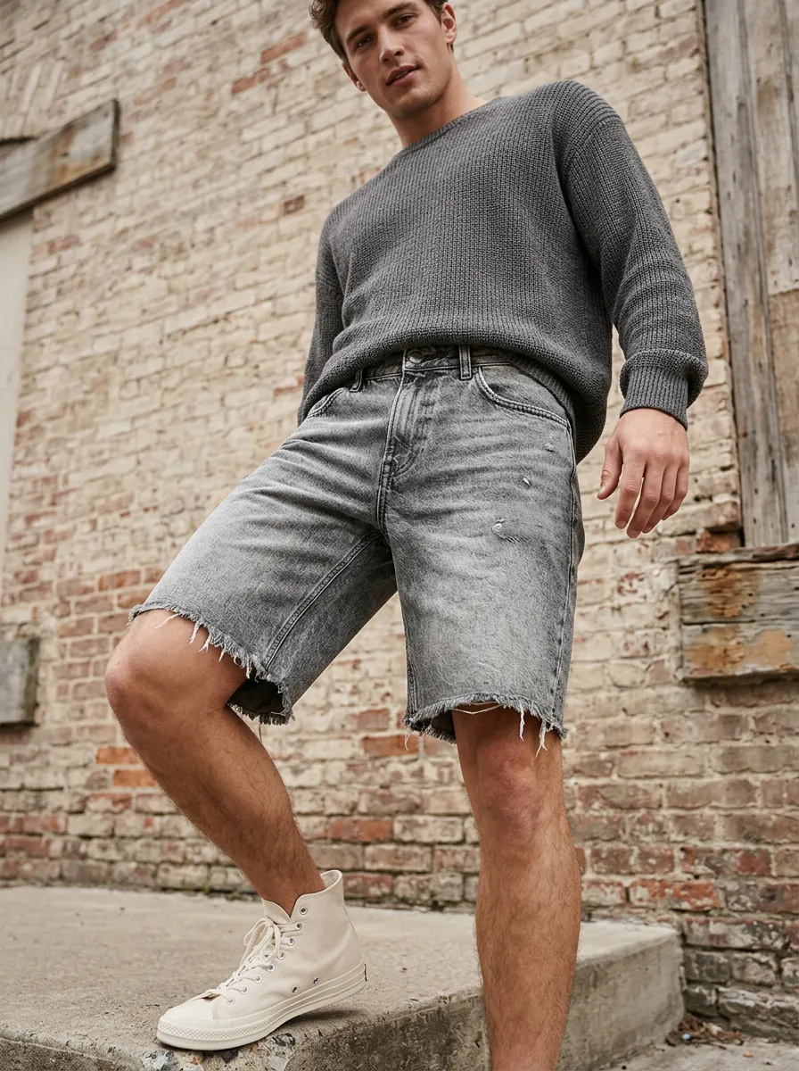 Men's Casual Streetwear Distressed Grey Raw Hem Denim Shorts