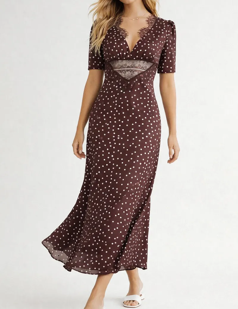 Chic Polka Dot Lace Trim V Neck Short Sleeves Maxi Dress