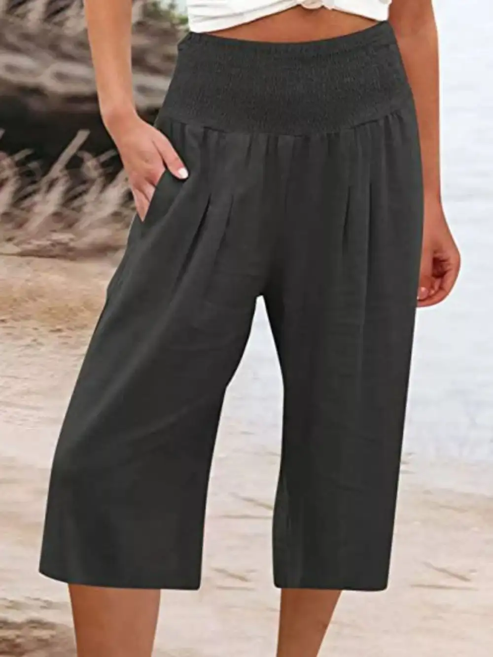 Smocked Wide Leg Capri Pants
