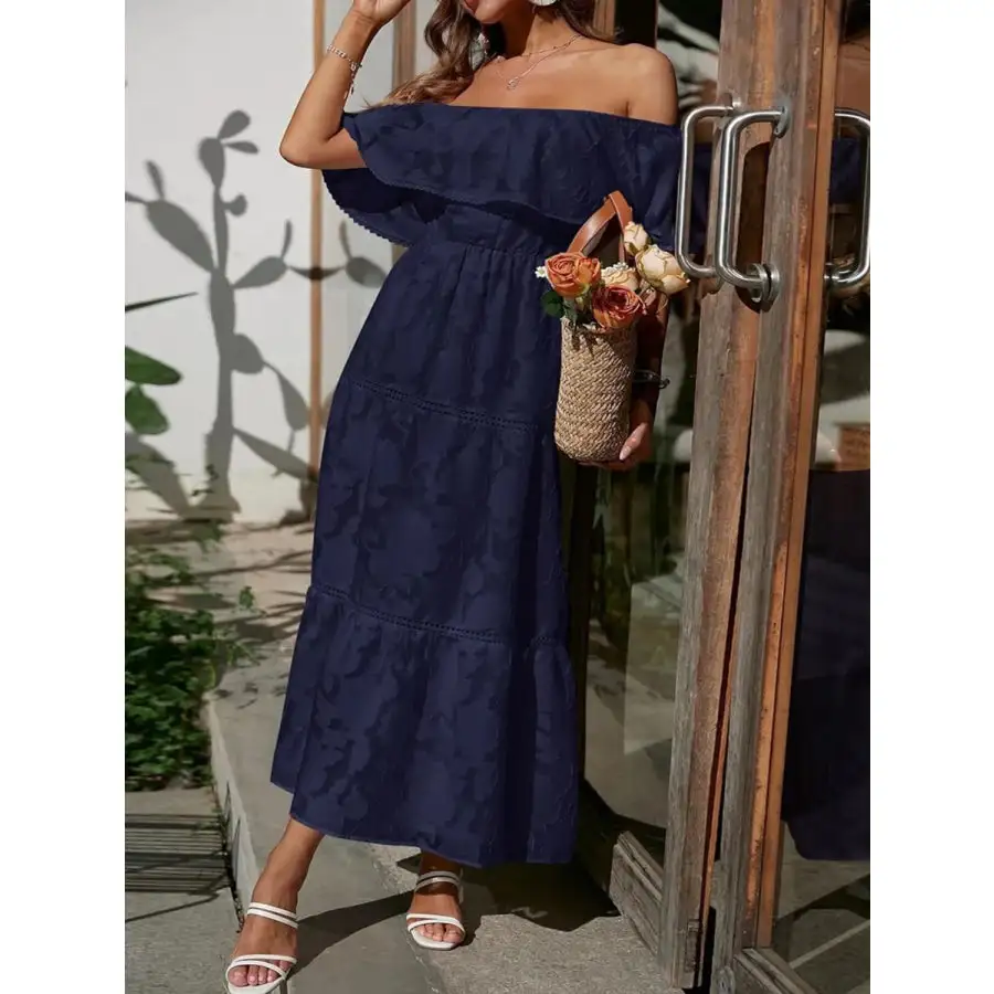 Ruched Off Shoulder Short Sleeve Midi Dress