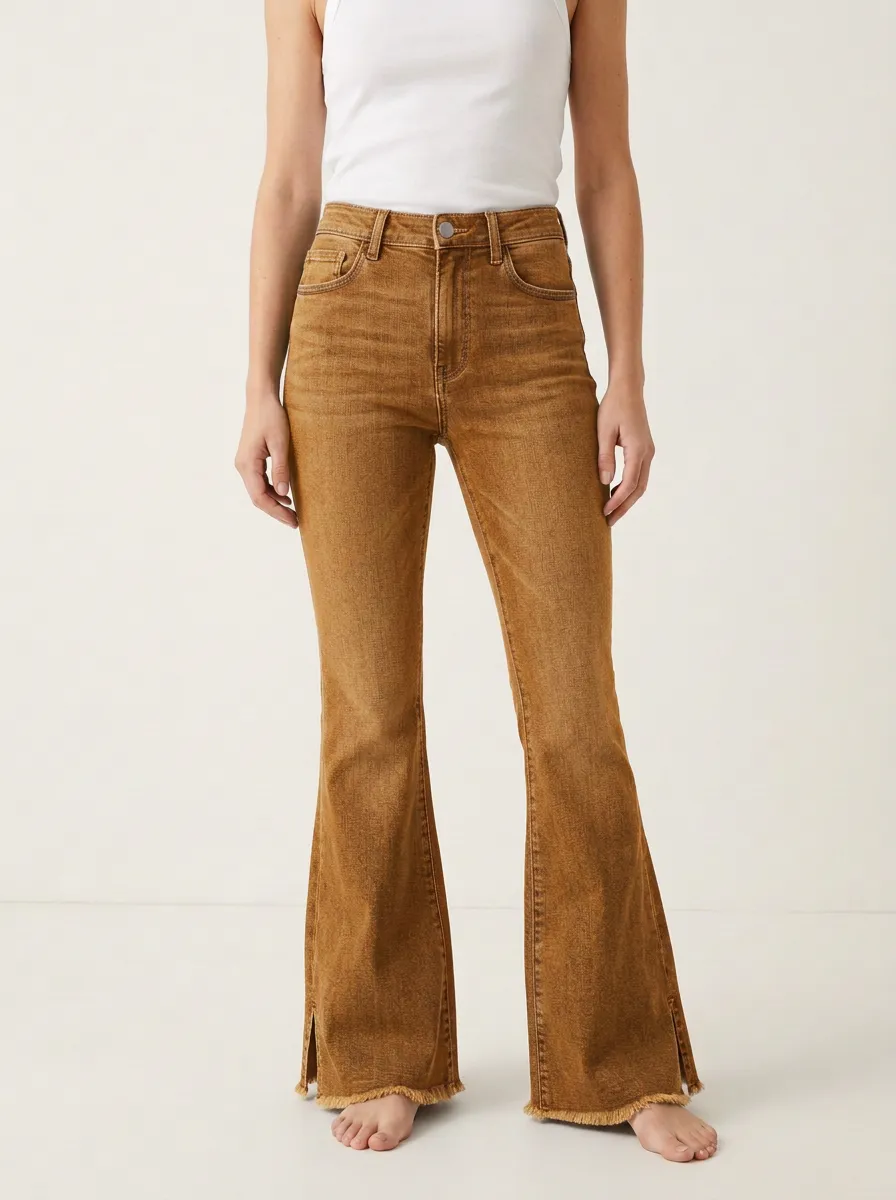 Women's High-Rise Frayed Hem Split Flare Denim Jeans