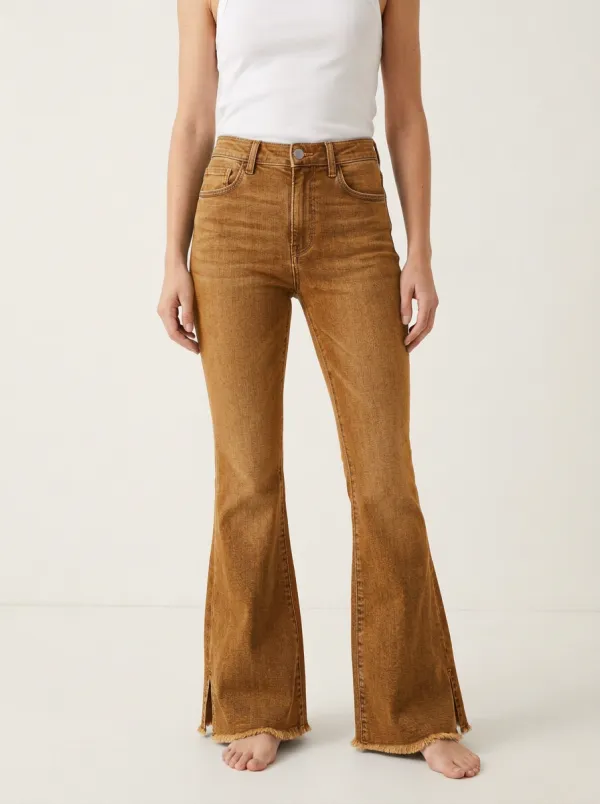 Women's High-Rise Frayed Hem Split Flare Denim Jeans
