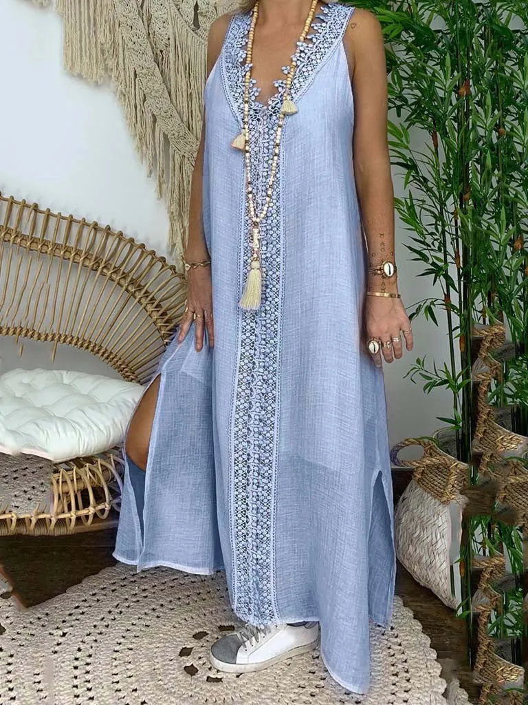 Women's Dresses Casual V-Neck Lace Panel Sleeveless Dress