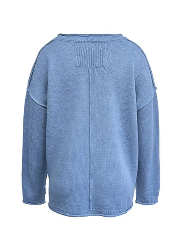 Paneled Round Neck Long Sleeve Relaxed Fit Easy Fit Sweater