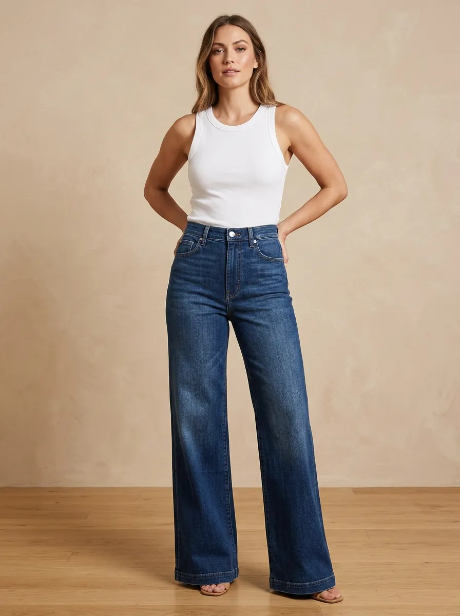 Women's High-Waisted Wide-Leg Denim High-Rise Waist Standard Button Jeans