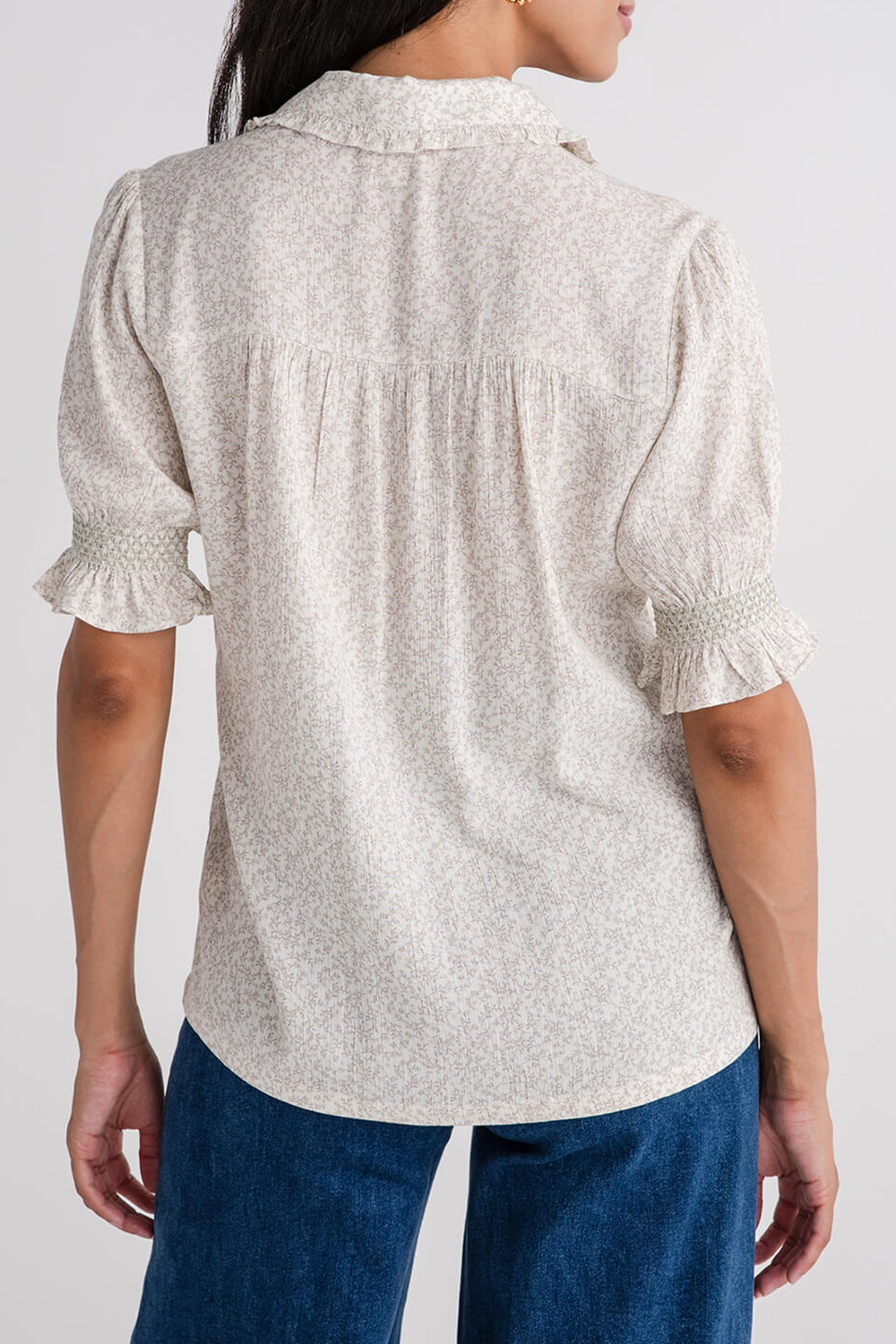 Print Smocked Sleeve Button Down Blouse - Ivory/Sage